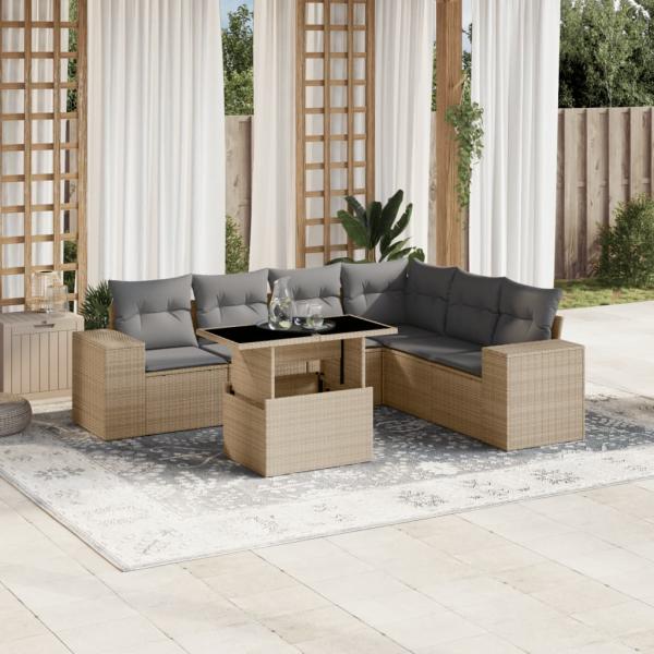 ARDEBO.de - 7-tlg. Garten-Sofagarnitur mit Kissen Beige Poly Rattan