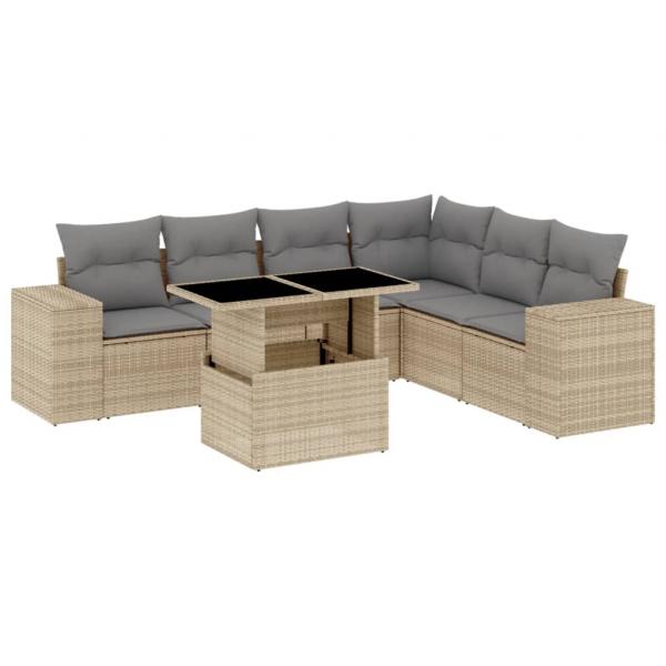 7-tlg. Garten-Sofagarnitur mit Kissen Beige Poly Rattan