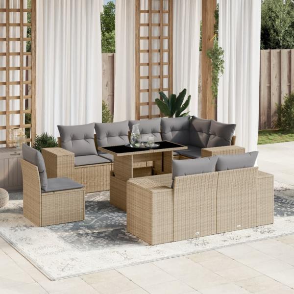 ARDEBO.de - 9-tlg. Garten-Sofagarnitur mit Kissen Beige Poly Rattan