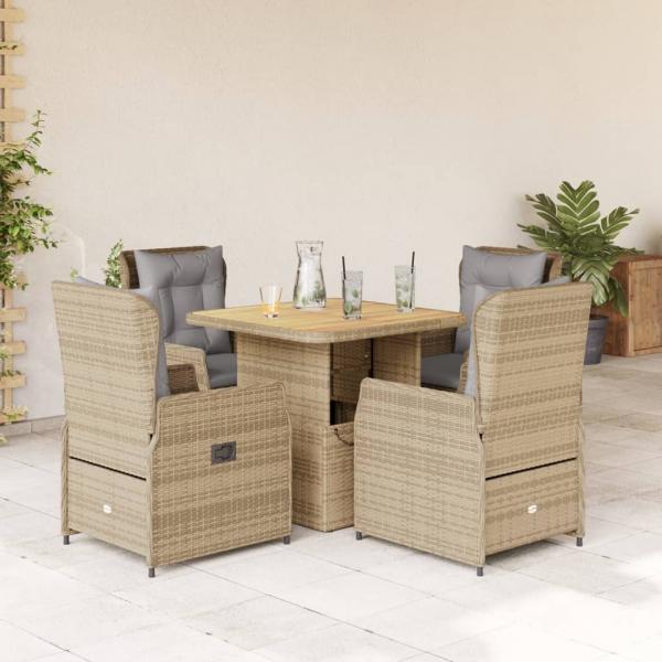 ARDEBO.de - 5-tlg. Garten-Essgruppe mit Kissen Beige Poly Rattan