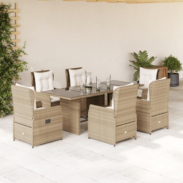 ARDEBO.de - 7-tlg. Garten-Essgruppe mit Kissen Beige Poly Rattan