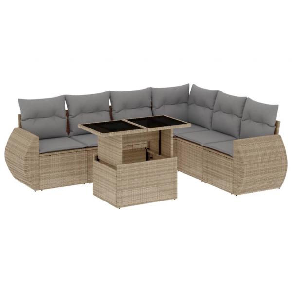 7-tlg. Garten-Sofagarnitur mit Kissen Beige Poly Rattan