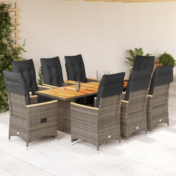 ARDEBO.de - 9-tlg. Garten-Bistro-Set mit Kissen Grau Poly Rattan