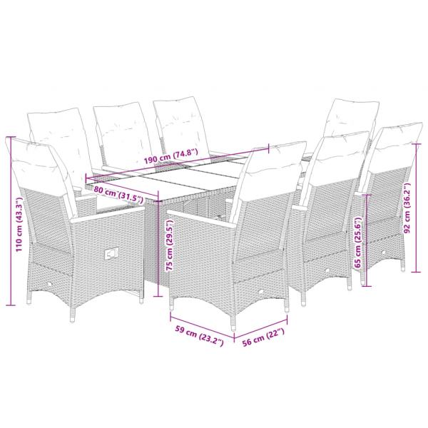 9-tlg. Garten-Bistro-Set mit Kissen Grau Poly Rattan