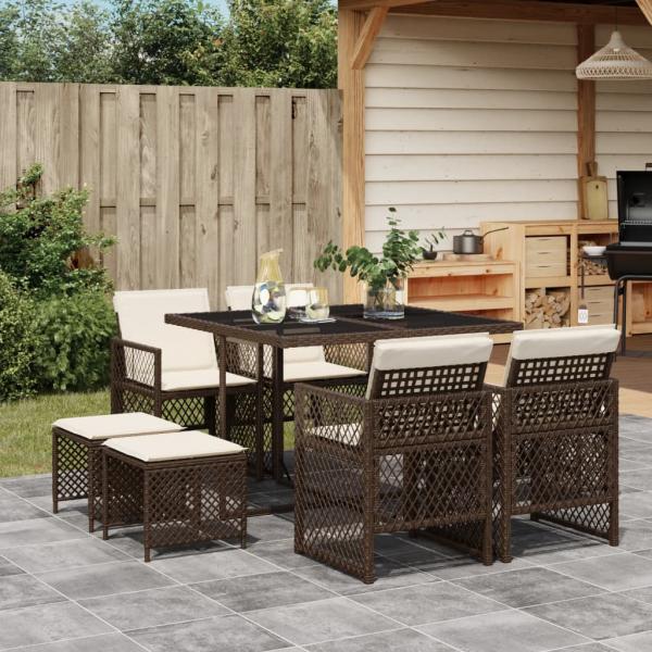 ARDEBO.de - 9-tlg. Garten-Essgruppe mit Kissen Braun Poly Rattan