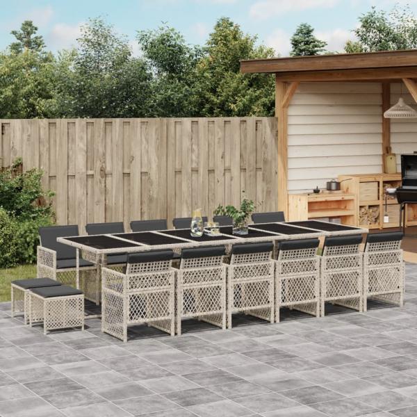 ARDEBO.de - 17-tlg. Garten-Essgruppe mit Kissen Hellgrau Poly Rattan