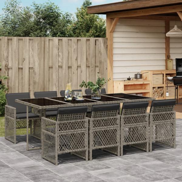 ARDEBO.de - 9-tlg. Garten-Essgruppe mit Kissen Grau Poly Rattan