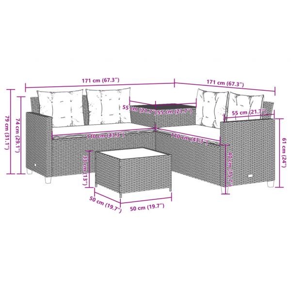 Gartensofa in L-Form mit Tisch und Kissen Braun Poly Rattan