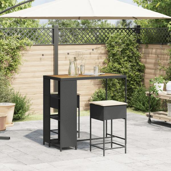 3-tlg. Gartenbar-Set mit Kissen Schwarz Poly Rattan