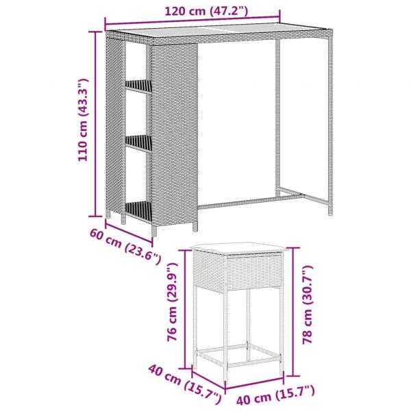 3-tlg. Gartenbar-Set mit Kissen Schwarz Poly Rattan