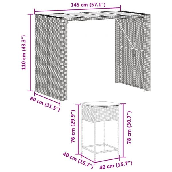 7-tlg. Gartenbar-Set mit Kissen Grau Poly Rattan