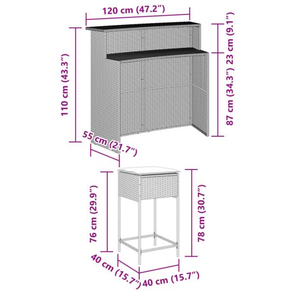 5-tlg. Gartenbar-Set mit Kissen Grau Poly Rattan