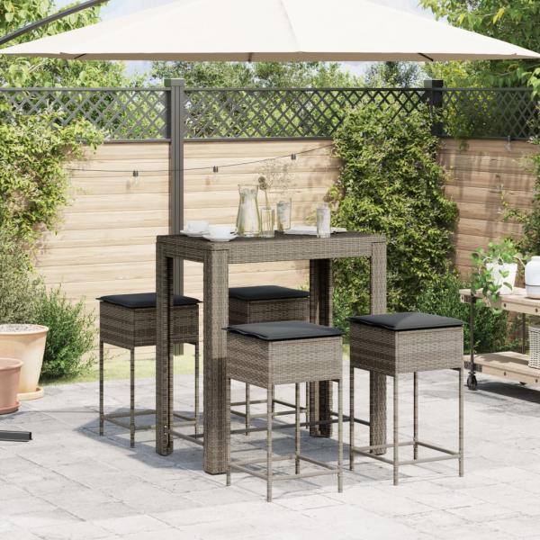 5-tlg. Gartenbar-Set mit Kissen Grau Poly Rattan