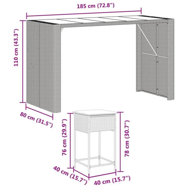 9-tlg. Gartenbar-Set mit Kissen Schwarz Poly Rattan