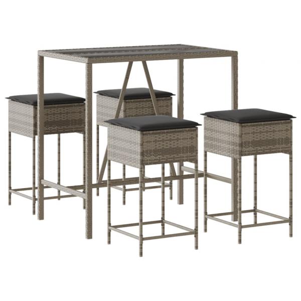 5-tlg. Gartenbar-Set mit Kissen Grau Poly Rattan