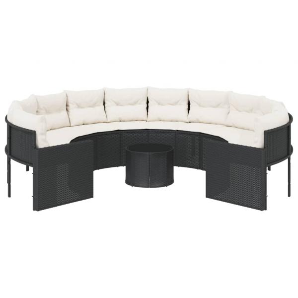 Gartensofa mit Tisch und Kissen Rund Schwarz Poly-Rattan