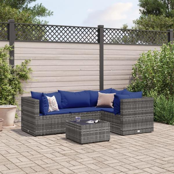 ARDEBO.de - 5-tlg. Garten-Lounge-Set mit Kissen Grau Poly Rattan