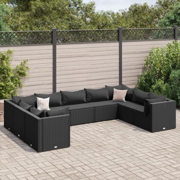 ARDEBO.de - 9-tlg. Garten-Lounge-Set mit Kissen Schwarz Poly Rattan