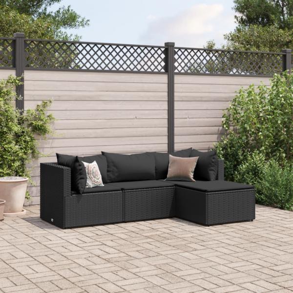 ARDEBO.de - 4-tlg. Garten-Lounge-Set mit Kissen Schwarz Poly Rattan