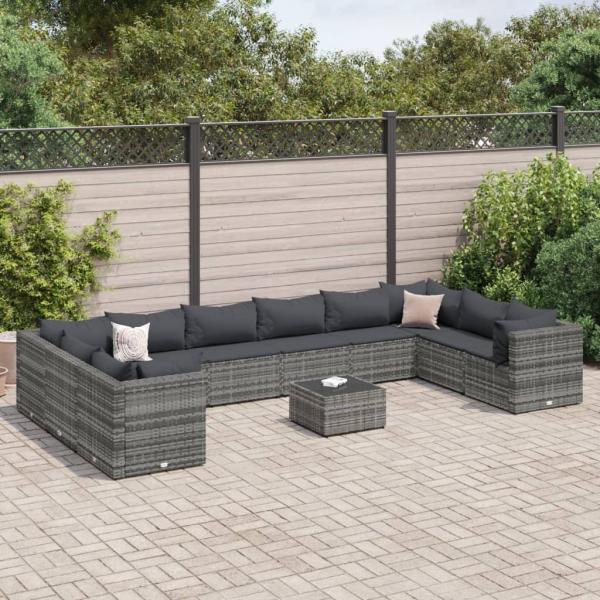 ARDEBO.de - 11-tlg. Garten-Lounge-Set mit Kissen Grau Poly Rattan