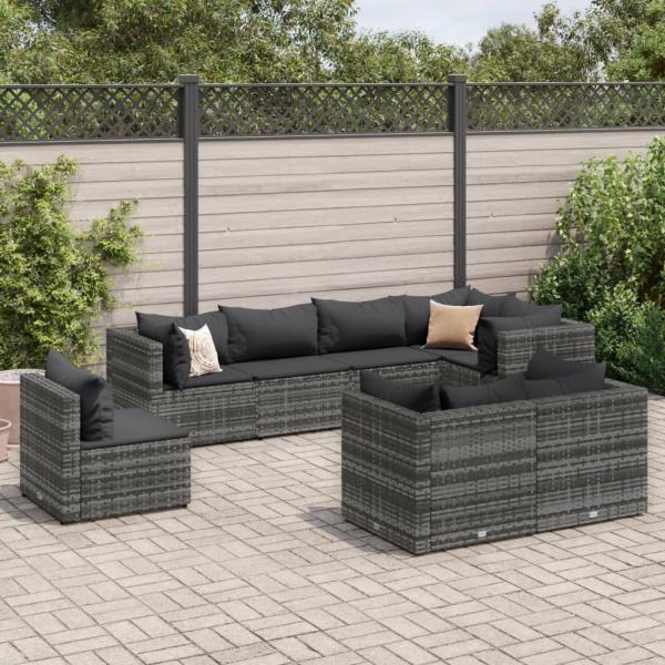 ARDEBO.de - 8-tlg. Garten-Lounge-Set mit Kissen Grau Poly Rattan