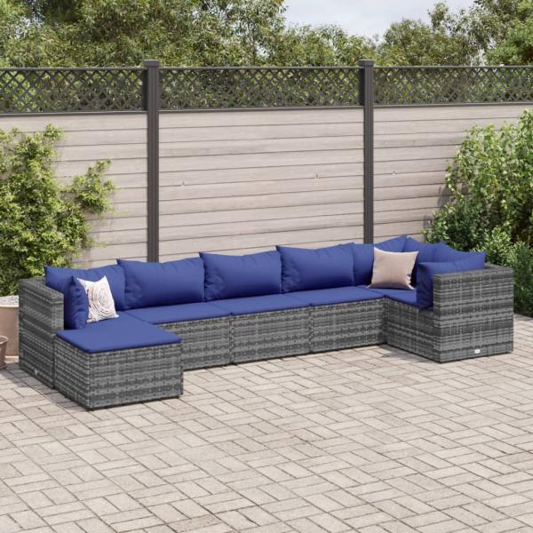 ARDEBO.de - 7-tlg. Garten-Lounge-Set mit Kissen Grau Poly Rattan