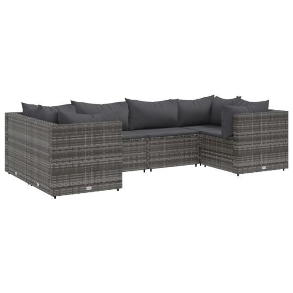 6-tlg. Garten-Lounge-Set mit Kissen Grau Poly Rattan