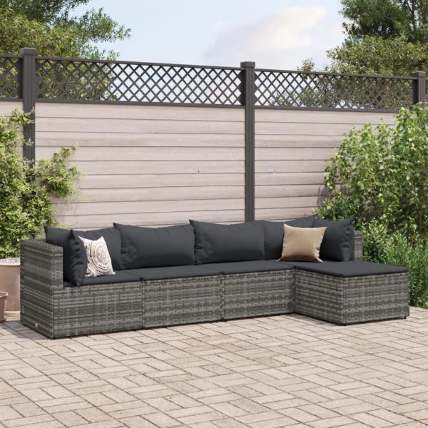 ARDEBO.de - 5-tlg. Garten-Lounge-Set mit Kissen Grau Poly Rattan