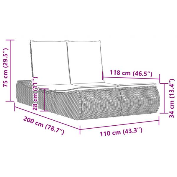 Doppel-Sonnenliege mit Kissen Grau Poly Rattan