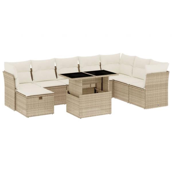 9-tlg. Garten-Sofagarnitur mit Kissen Beige Poly Rattan