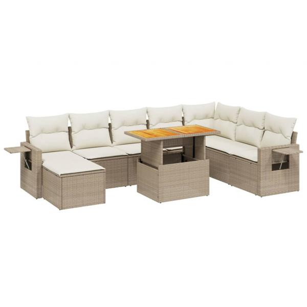 9-tlg. Garten-Sofagarnitur mit Kissen Beige Poly Rattan