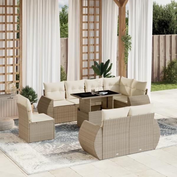 ARDEBO.de - 9-tlg. Garten-Sofagarnitur mit Kissen Beige Poly Rattan