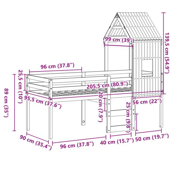 Hochbett mit Dach 90x200 cm Massivholz Kiefer