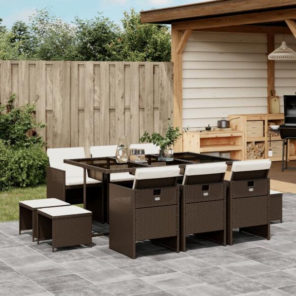 ARDEBO.de - 11-tlg. Garten-Essgruppe mit Kissen Braun Poly Rattan