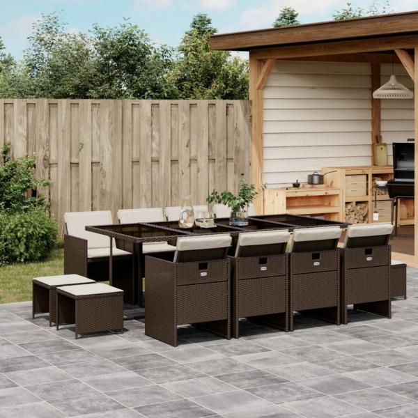 ARDEBO.de - 13-tlg. Garten-Essgruppe mit Kissen Braun Poly Rattan