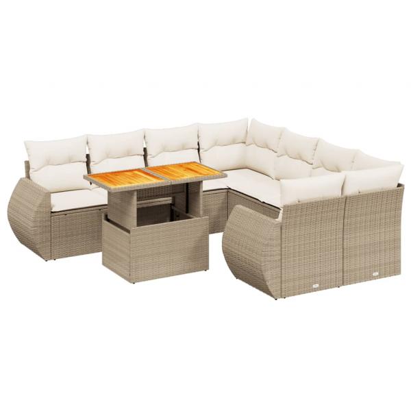 9-tlg. Garten-Sofagarnitur mit Kissen Beige Poly Rattan