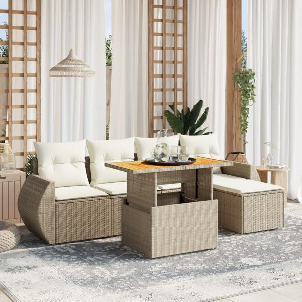 ARDEBO.de - 6-tlg. Garten-Sofagarnitur mit Kissen Beige Poly Rattan