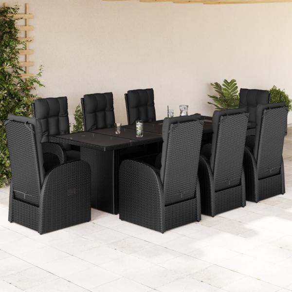 ARDEBO.de - 9-tlg. Garten-Essgruppe mit Kissen Schwarz Poly Rattan