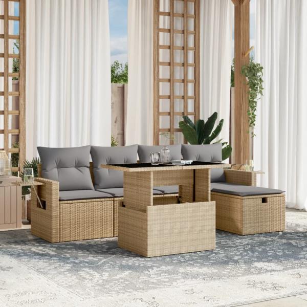 ARDEBO.de - 6-tlg. Garten-Sofagarnitur mit Kissen Beige Poly Rattan