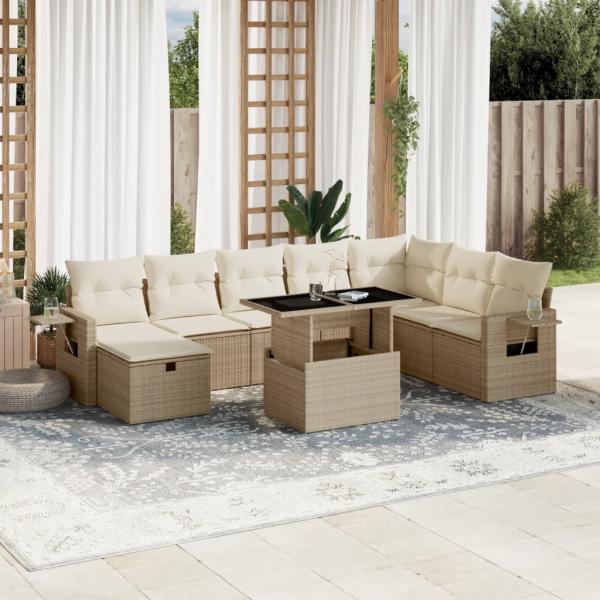 ARDEBO.de - 9-tlg. Garten-Sofagarnitur mit Kissen Beige Poly Rattan