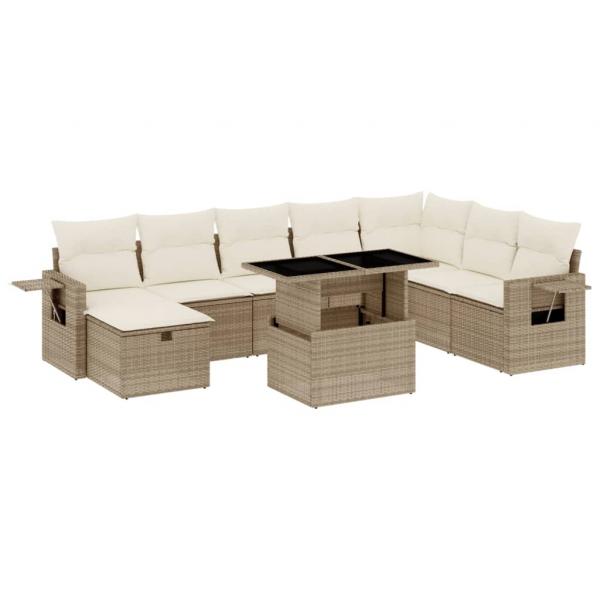 9-tlg. Garten-Sofagarnitur mit Kissen Beige Poly Rattan