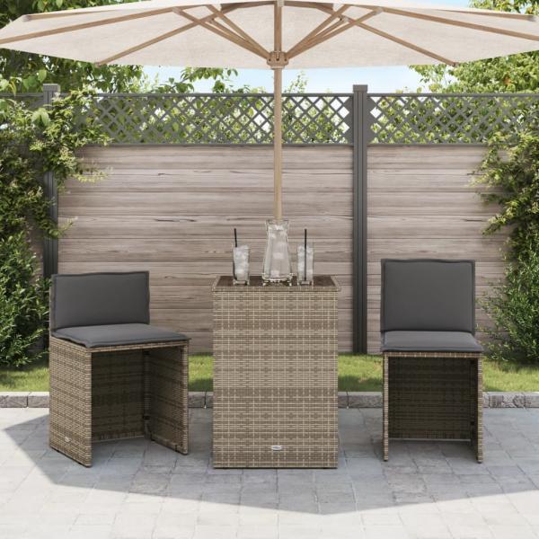 3-tlg. Bistro-Set mit Kissen Grau Poly Rattan