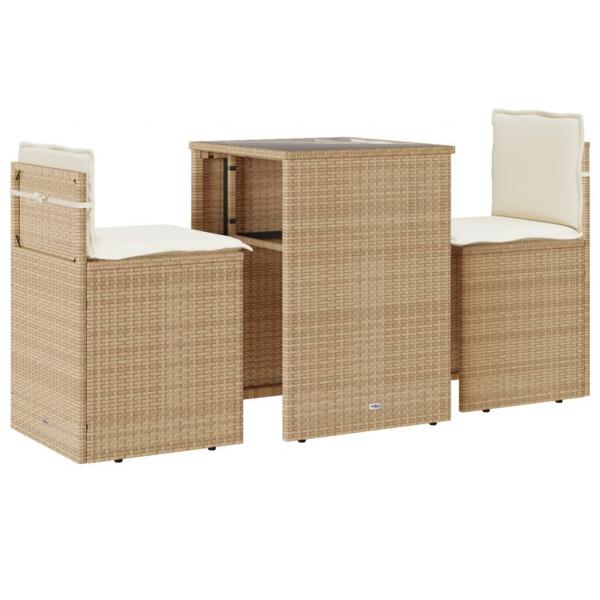 3-tlg. Bistro-Set mit Kissen Beige Poly Rattan