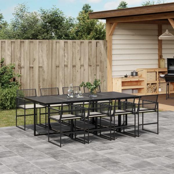 ARDEBO.de - 9-tlg. Garten-Essgruppe mit Kissen Schwarz Poly Rattan