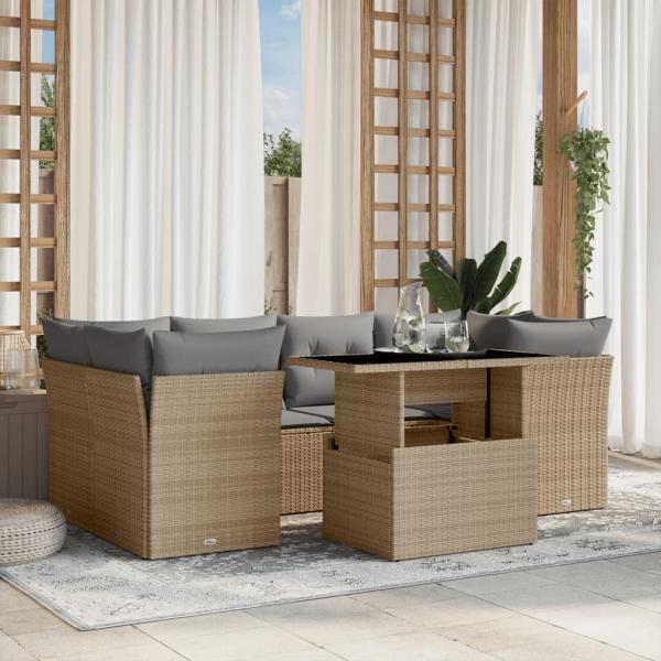 ARDEBO.de - 7-tlg. Garten-Sofagarnitur mit Kissen Beige Poly Rattan