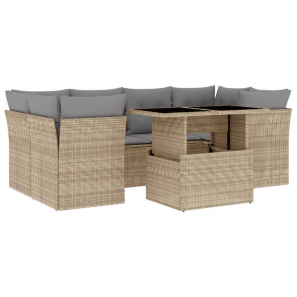 7-tlg. Garten-Sofagarnitur mit Kissen Beige Poly Rattan