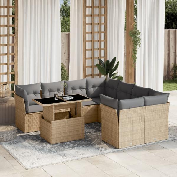 ARDEBO.de - 9-tlg. Garten-Sofagarnitur mit Kissen Beige Poly Rattan