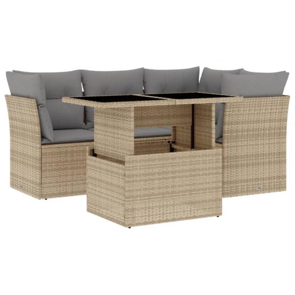 5-tlg. Garten-Sofagarnitur mit Kissen Beige Poly Rattan