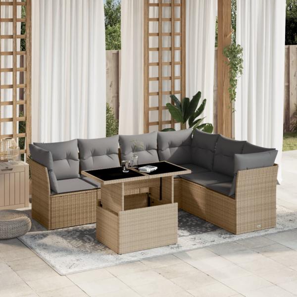 ARDEBO.de - 7-tlg. Garten-Sofagarnitur mit Kissen Beige Poly Rattan