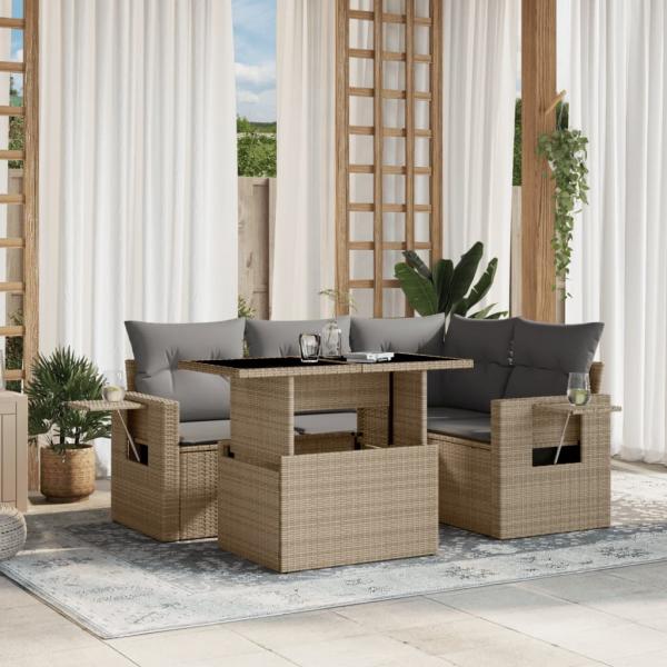 ARDEBO.de - 5-tlg. Garten-Sofagarnitur mit Kissen Beige Poly Rattan